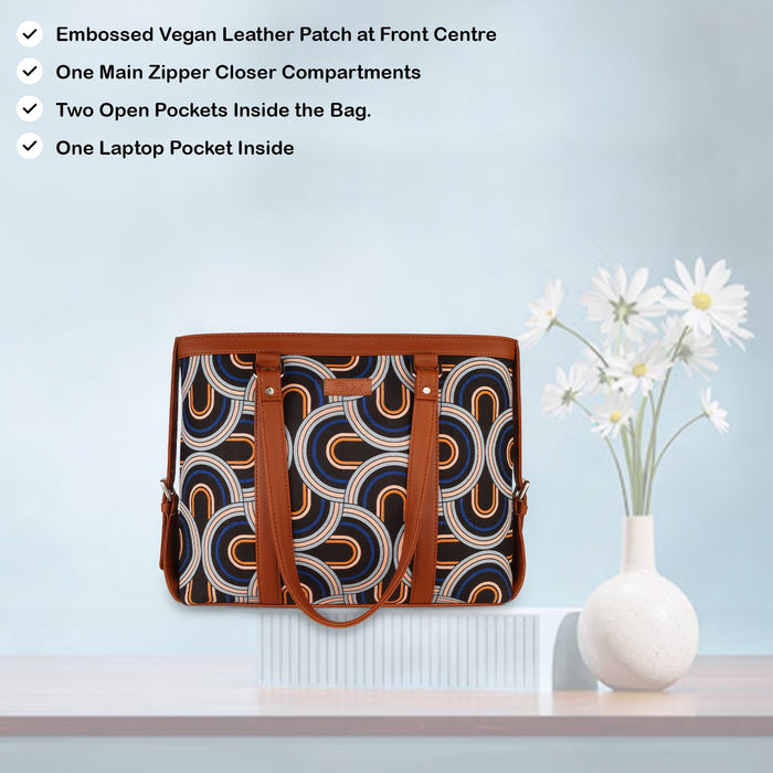 Handcrafted abstract printed canvas laptop tote bag with padded laptop compartment and vegan leather straps for office, travel and daily use-feature image
