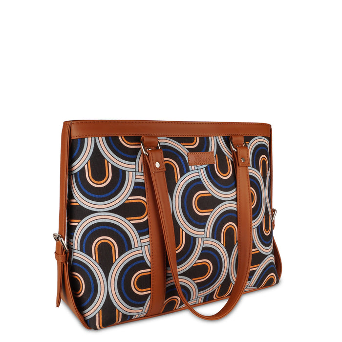 Handcrafted abstract printed canvas laptop tote bag with padded laptop compartment and vegan leather straps for office, travel and daily use-half side view