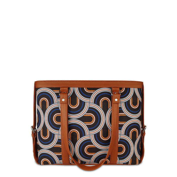 Handcrafted abstract printed canvas laptop tote bag with padded laptop compartment and vegan leather straps for office, travel and daily use-back view