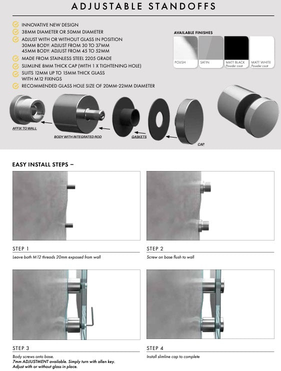 Adjustable Glass Standoff - 38mm Diameter Cap with 30mm Body - Image 8