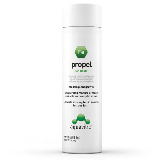 White cylindrical bottle of aquavitro propel concentrated iron supplement for plants