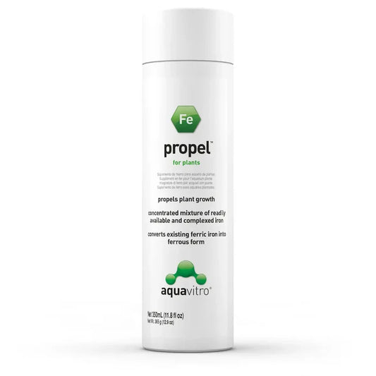 White cylindrical bottle of aquavitro propel concentrated iron supplement for plants