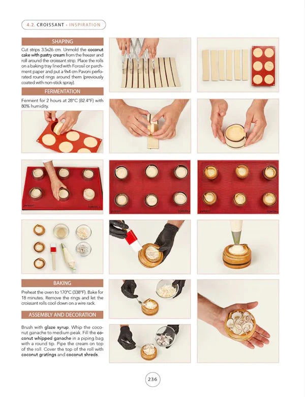 Step-by-step guide to making croissants with various stages of preparation.