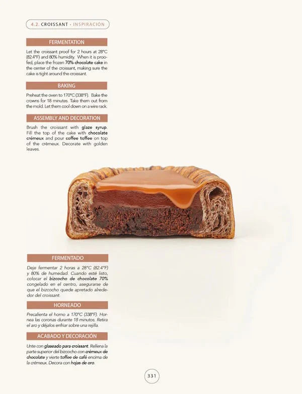 Croissant with caramel glaze on a white background, accompanied by baking instructions.
