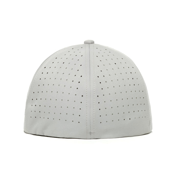 The Balls Deep - Performance Golf Hat by Bogey Bros is a light gray stretch fit cap viewed from the back, with small ventilation holes, a fabric-covered top button, and sweat stain resistant material. Fitted style with no visible adjustment strap.