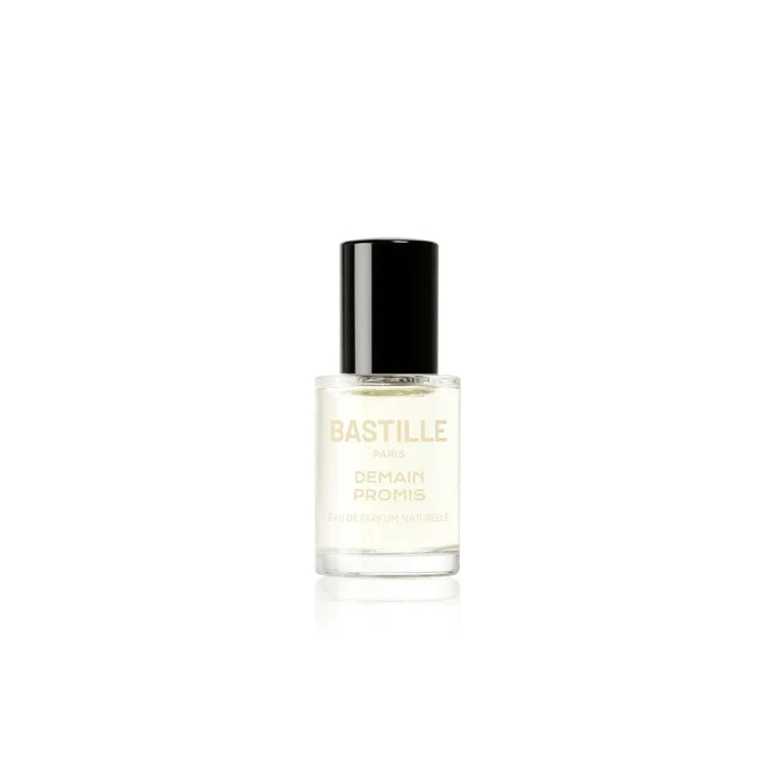 A bottle of 'Demain Promis EDP' by Bastille, placed next to its packaging box. The bottle is clear with a black cap, and the label has the brand name and product name printed on it.