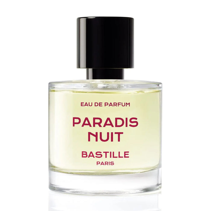A bottle of 'Paradis Nuit' EDP by Bastille, with a purple box in the background. The bottle has a black cap and a label with white text on a purple background.