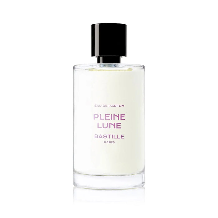A bottle of Pleine Lune EDP perfume next to its purple box, with the brand name BASTILLE Paris visible.