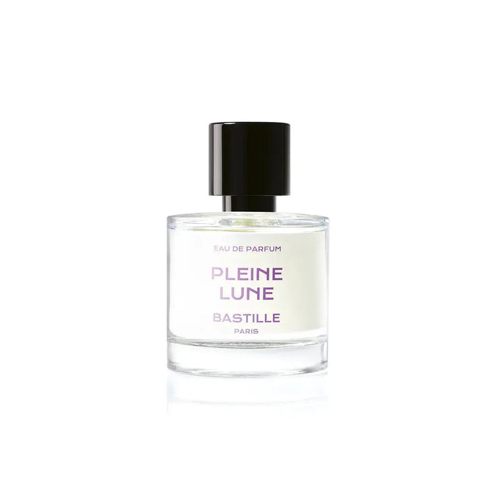 A bottle of Pleine Lune EDP perfume next to its purple box, with the brand name BASTILLE Paris visible.
