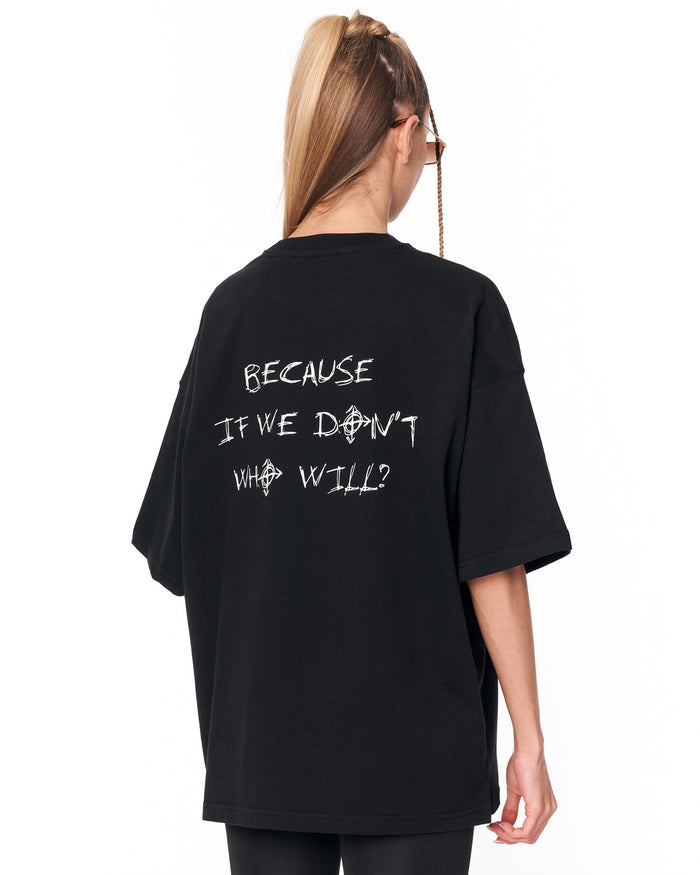 Because Text Print Black Oversized T-Shirt with white statement lettering