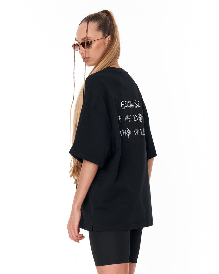 Because Text Print Black Oversized T-Shirt with drop shoulder design