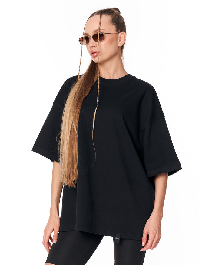Because Text Print Black Oversized T-Shirt with minimal front and bold back style