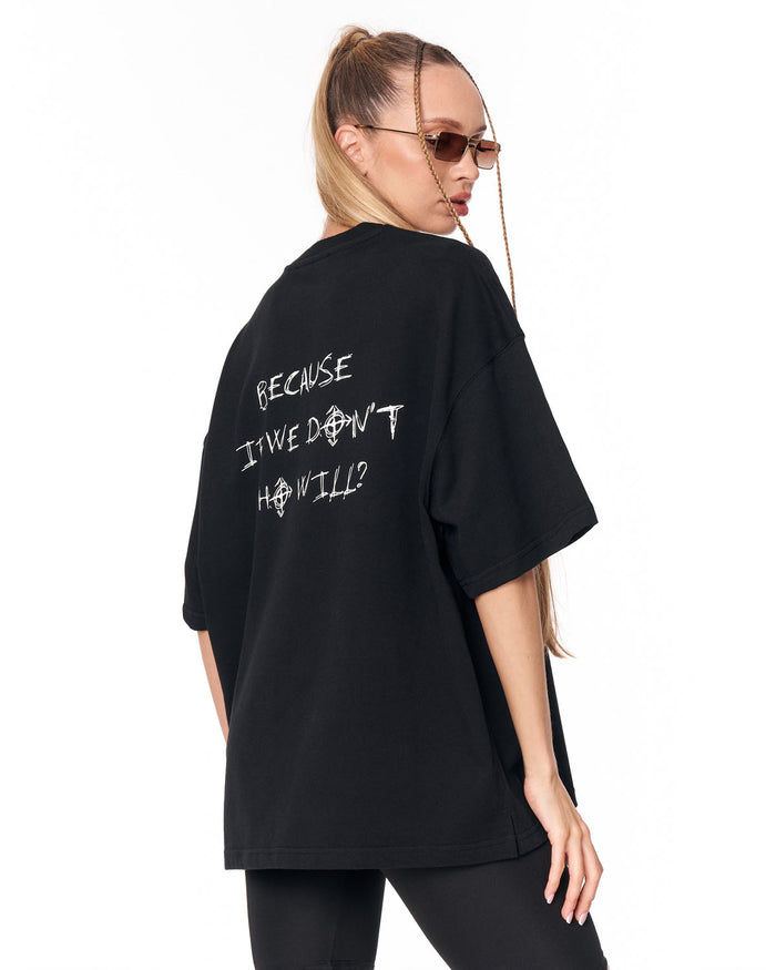 Because Text Print Black Oversized T-Shirt for casual streetwear outfits