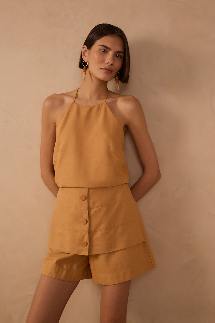 Beige Halter Neck Linen Blouse_1