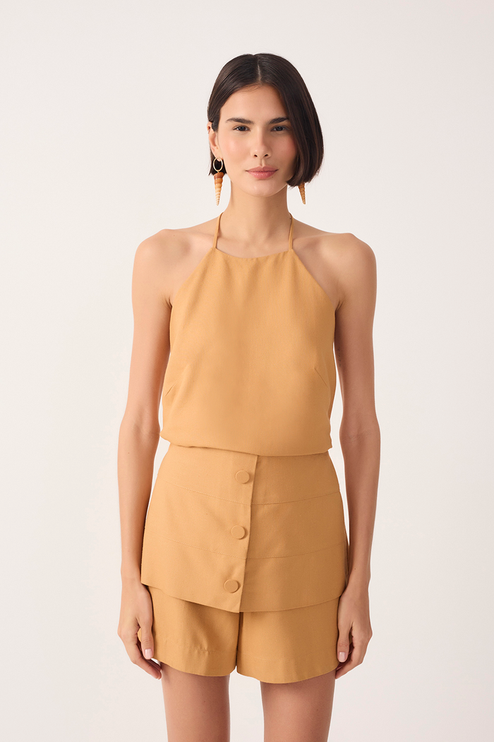 Beige Halter Neck Linen Blouse_2
