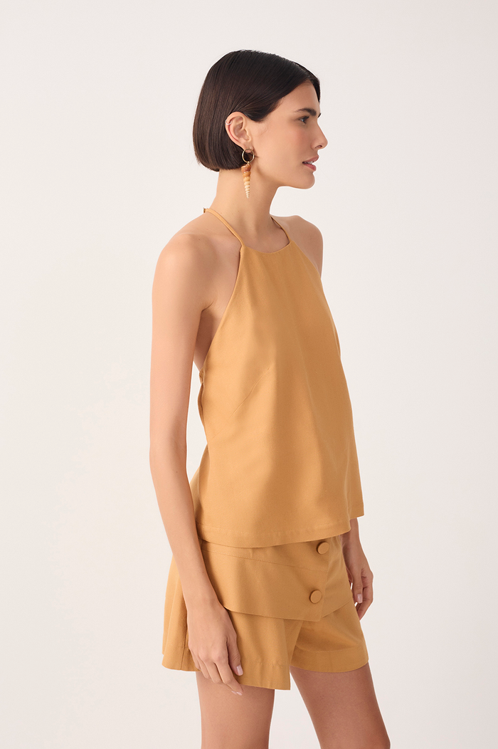 Beige Halter Neck Linen Blouse_3