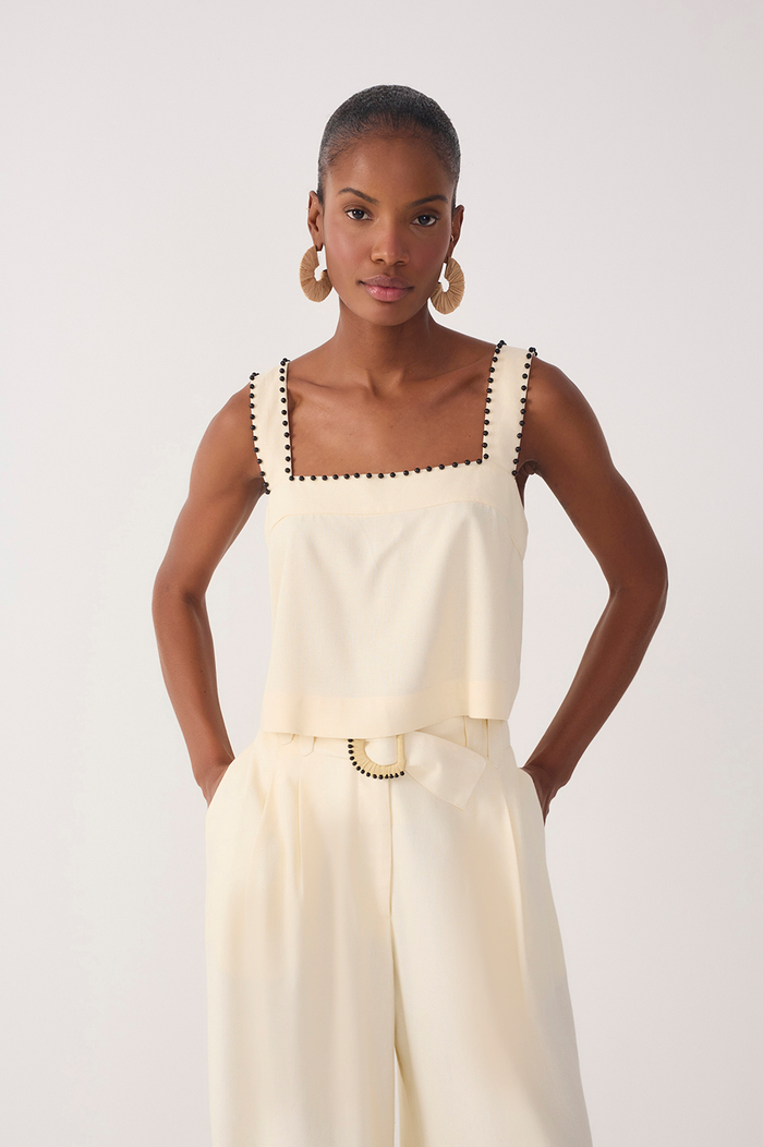Beige Sleeveless Beading Linen Blouse_2