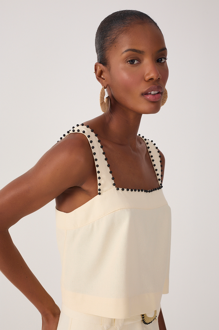 Beige Sleeveless Beading Linen Blouse