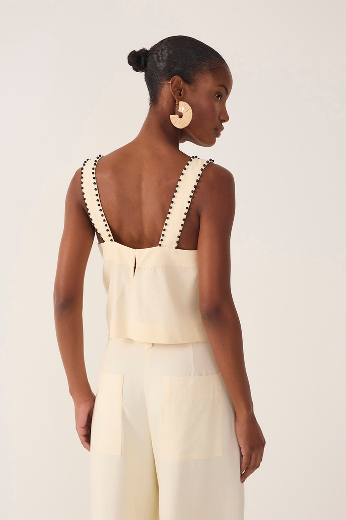 Beige Sleeveless Beading Linen Blouse_6