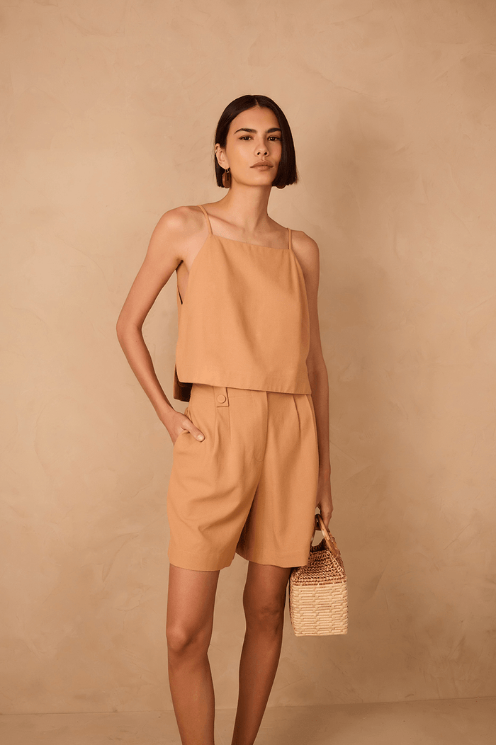 Beige Square Neck Adjustable Straps Linen Blouse_1