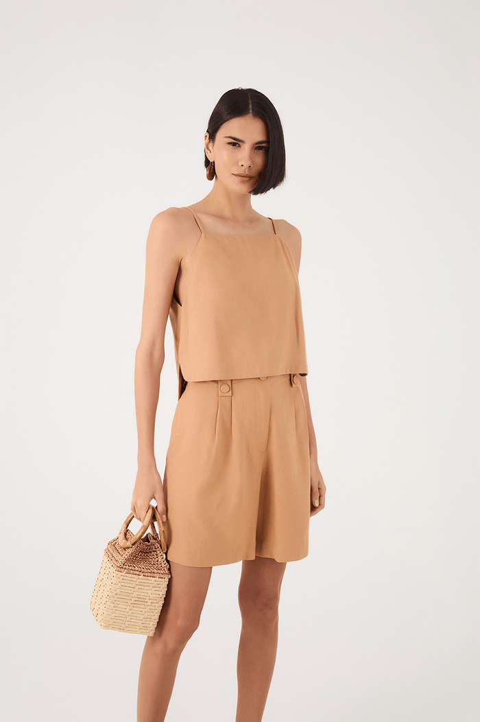 Beige Square Neck Adjustable Straps Linen Blouse_2