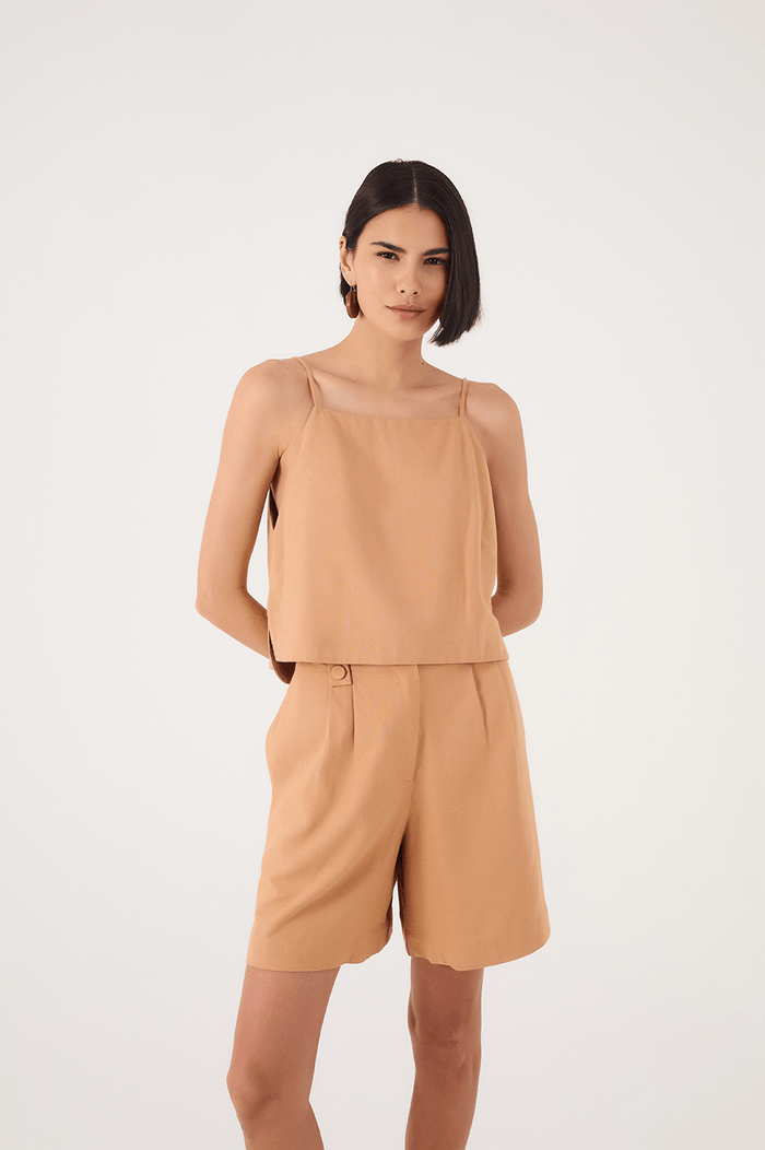 Beige Square Neck Adjustable Straps Linen Blouse_3