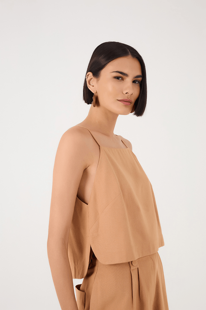 Beige Square Neck Adjustable Straps Linen Blouse_4