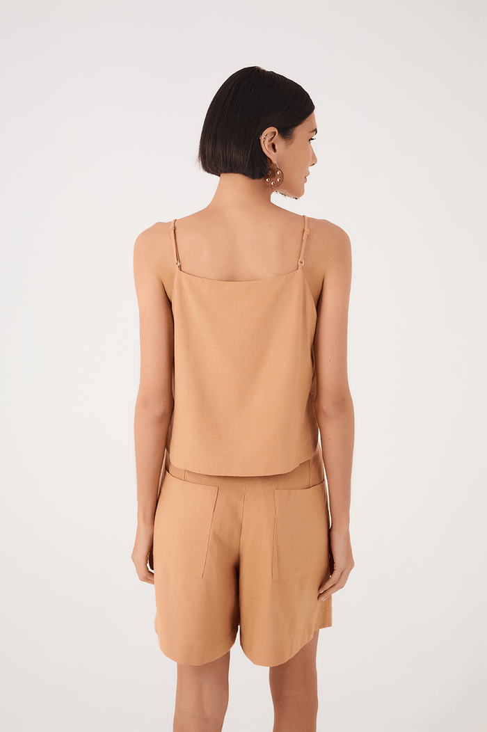 Beige Square Neck Adjustable Straps Linen Blouse_6