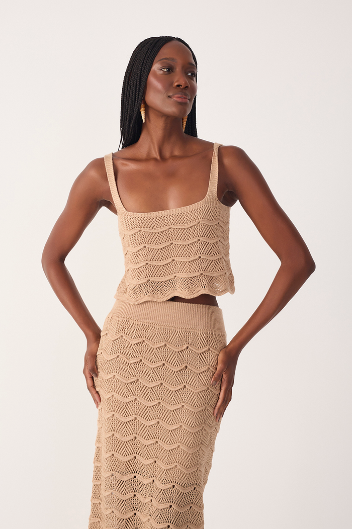 Beige Square Neck Sleeveless Tricot Blouse