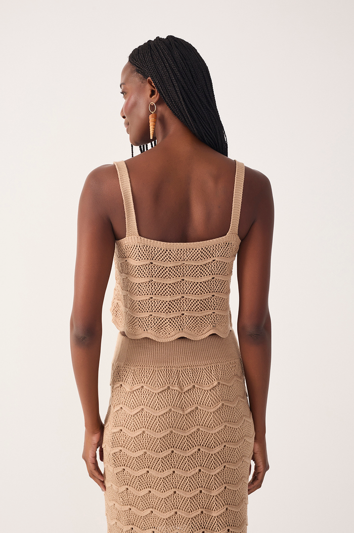 Beige Square Neck Sleeveless Tricot Blouse