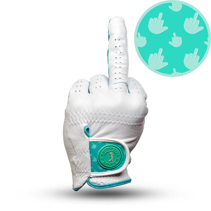 The Birdie Finger - Glove is a white cabretta leather golf glove with teal trim and a wrist logo, posed with the middle finger up. Reinforced seams add durability. A top-right teal circle shows white hands repeating the same gesture.
