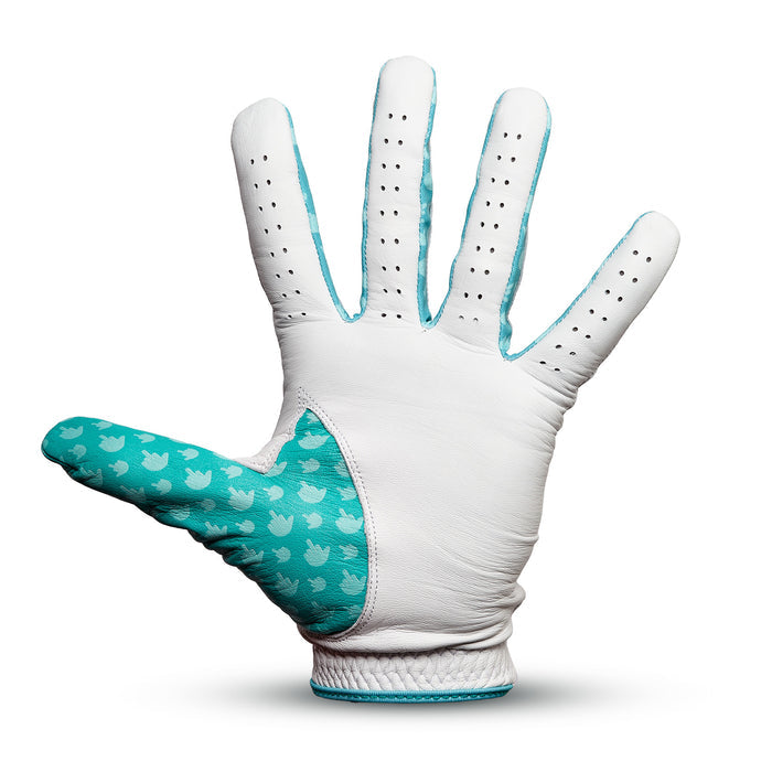 The Birdie Finger - Glove is a white cabretta leather golf glove with teal accents, ventilation holes on teal-trimmed fingers, and a palm-up design featuring small white duck silhouettes on the thumb for style and comfort.