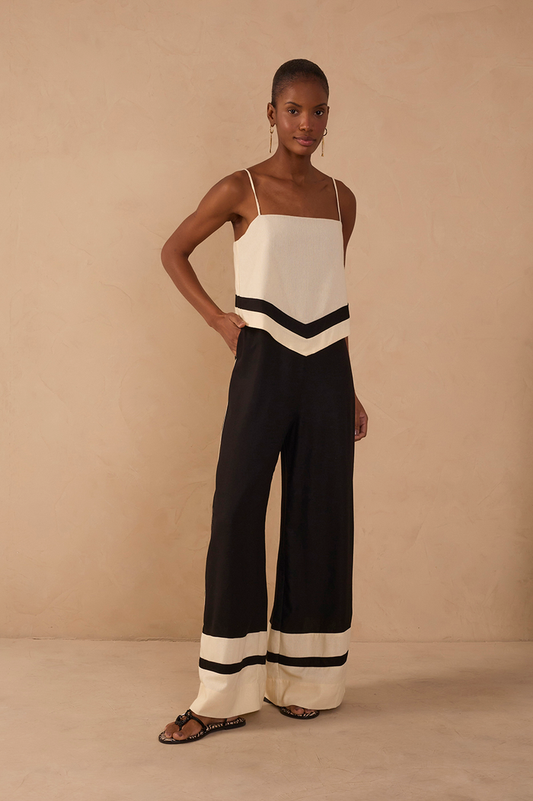 Black Bicolor Layered Linen Jumpsuit_1