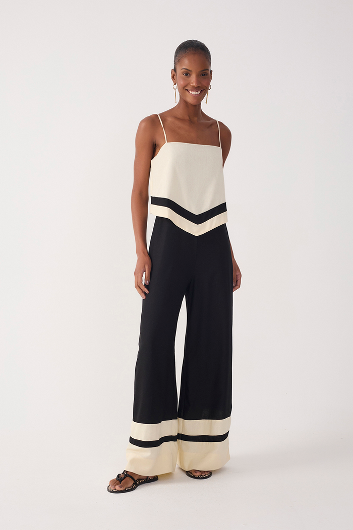 Black Bicolor Layered Linen Jumpsuit_2