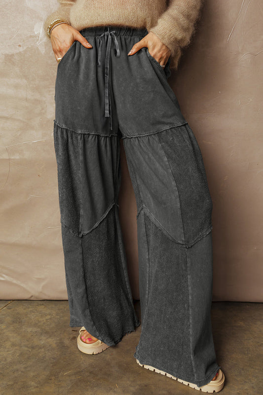 Black Mineral Wash Tiered Wide Leg Patchwork Drawstring Pants