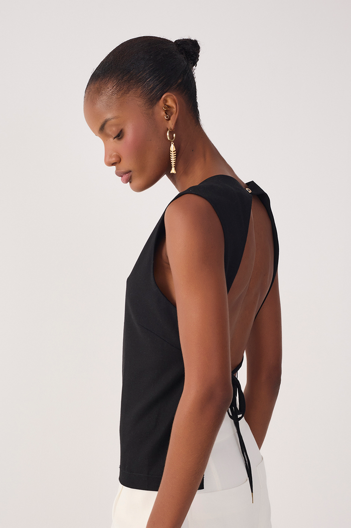 Black Open Back Ties Sleeveless Linen Blouse_4