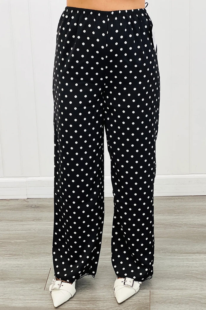 Black Polka Dot Print Elastic Waist Lace Hem Loose Pants