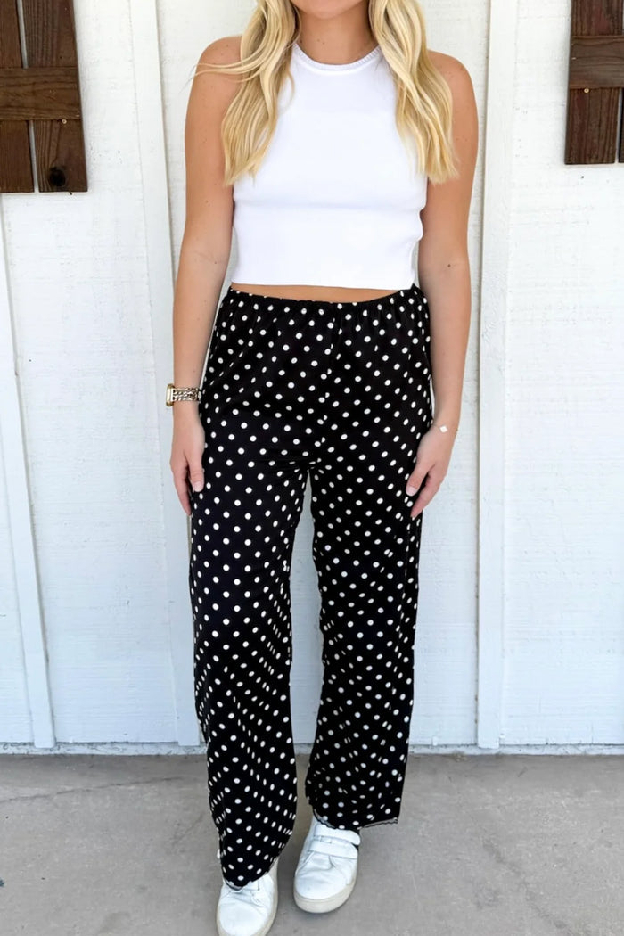 Black Polka Dot Print Elastic Waist Lace Hem Loose Pants