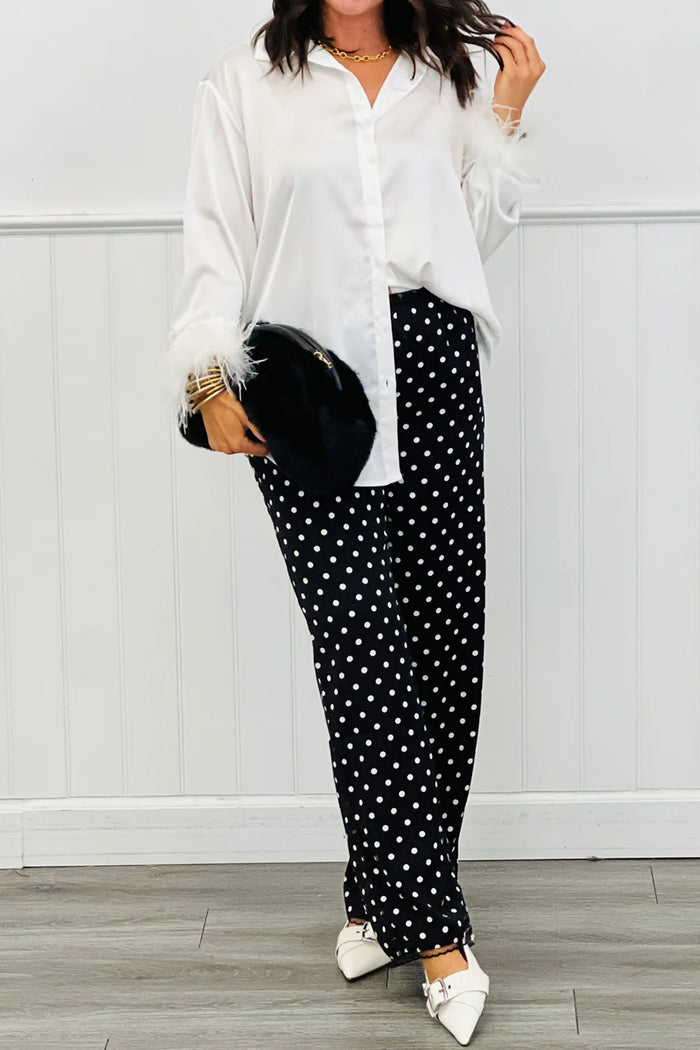 Black Polka Dot Print Elastic Waist Lace Hem Loose Pants