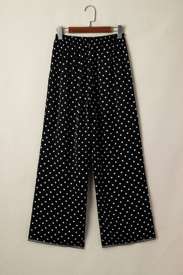 Black Polka Dot Print Elastic Waist Lace Hem Loose Pants