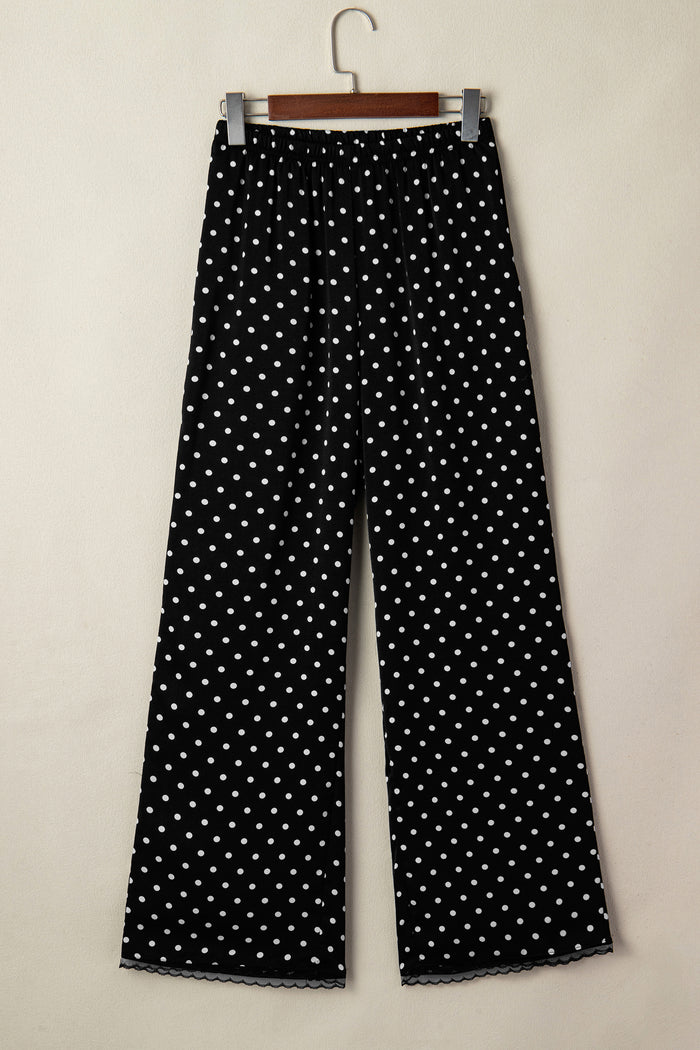 Black Polka Dot Print Elastic Waist Lace Hem Loose Pants