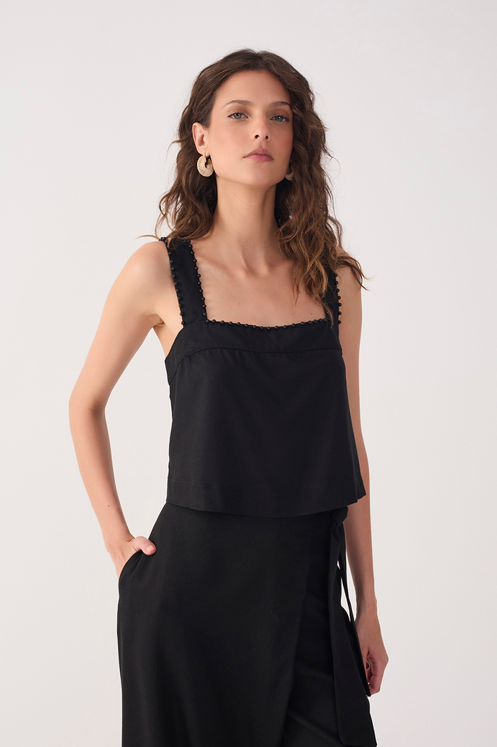 Black Sleeveless Beading Linen Blouse_2