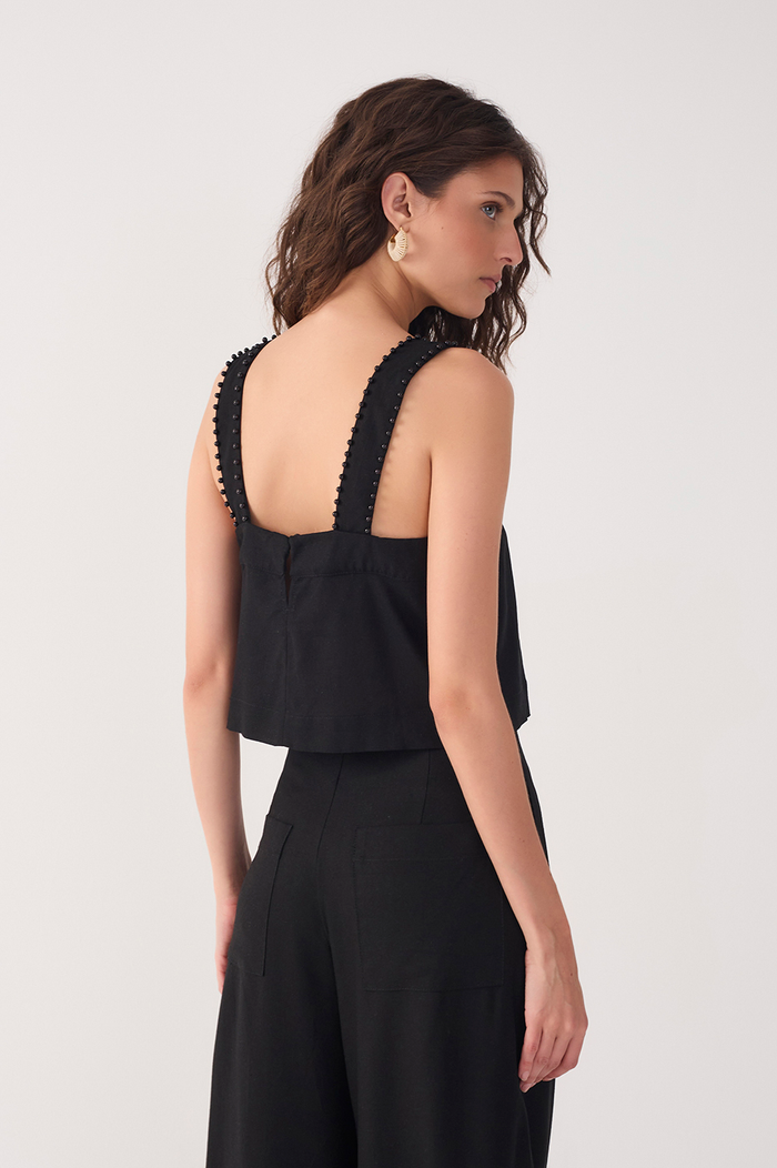 Black Sleeveless Beading Linen Blouse_5