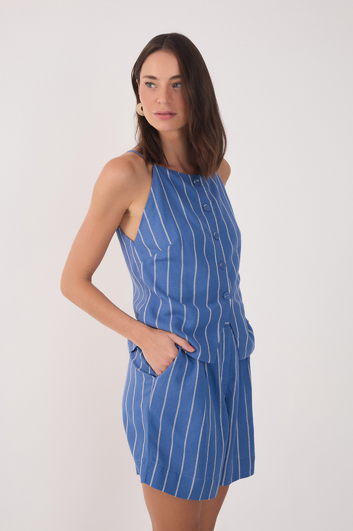 Blue  Buttoned Sleeveless Linen Blouse_2