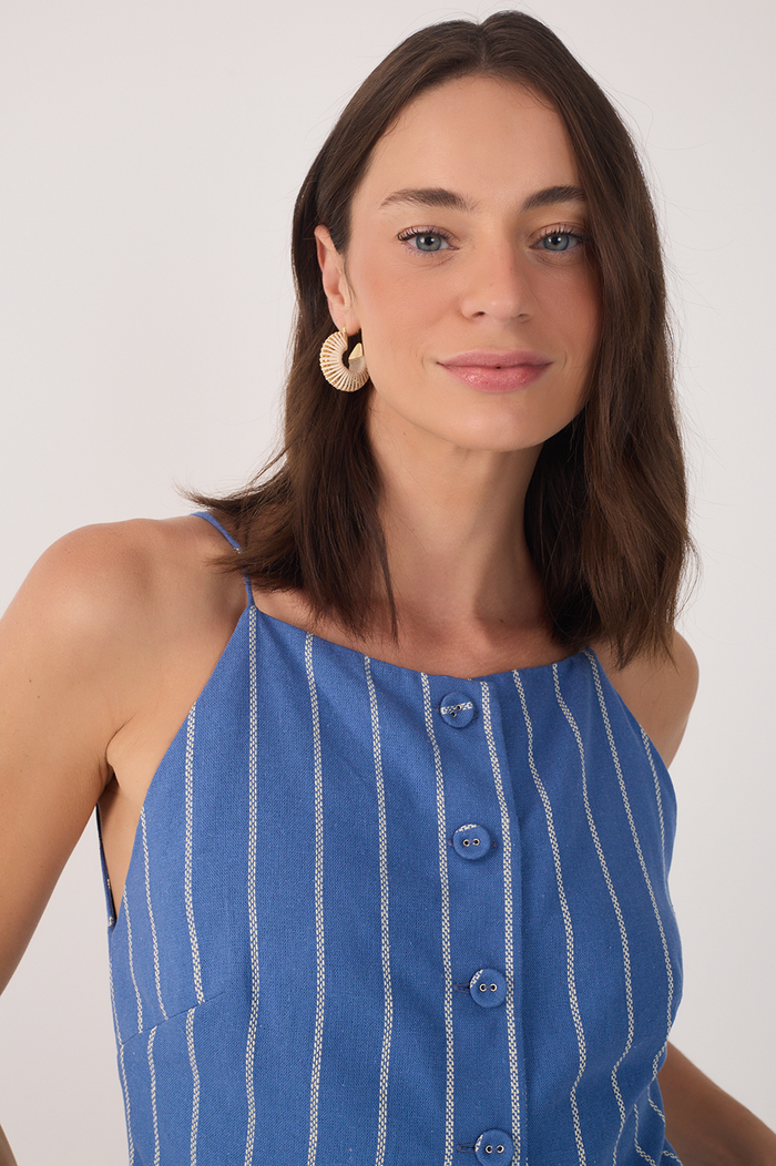 Blue  Buttoned Sleeveless Linen Blouse_4