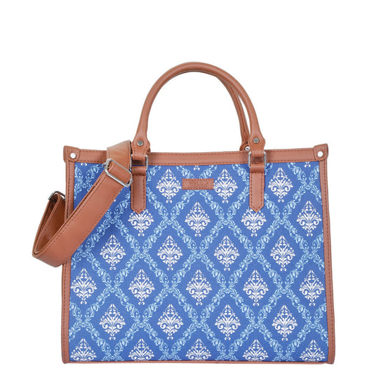 Handcrafted blue printed canvas top‑handle laptop tote bag with padded laptop compartment and shoulder strap for travel, work and everyday use