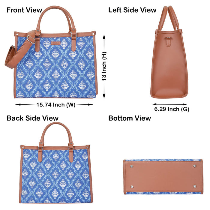 Handcrafted blue printed canvas top‑handle laptop tote bag with padded laptop compartment and shoulder strap for travel, work and everyday use-infographic image
