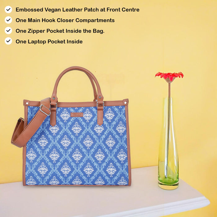 Handcrafted blue printed canvas top‑handle laptop tote bag with padded laptop compartment and shoulder strap for travel, work and everyday use-feature image