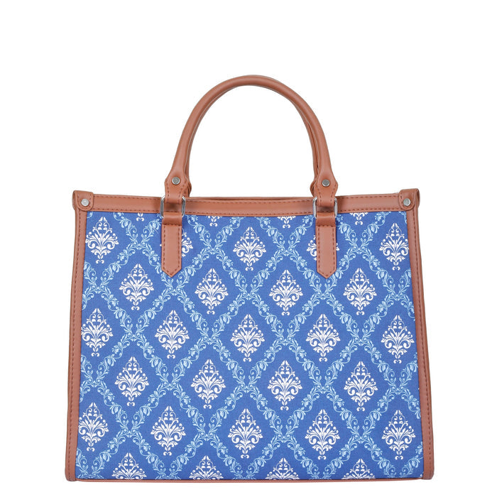 Handcrafted blue printed canvas top‑handle laptop tote bag with padded laptop compartment and shoulder strap for travel, work and everyday use-back view