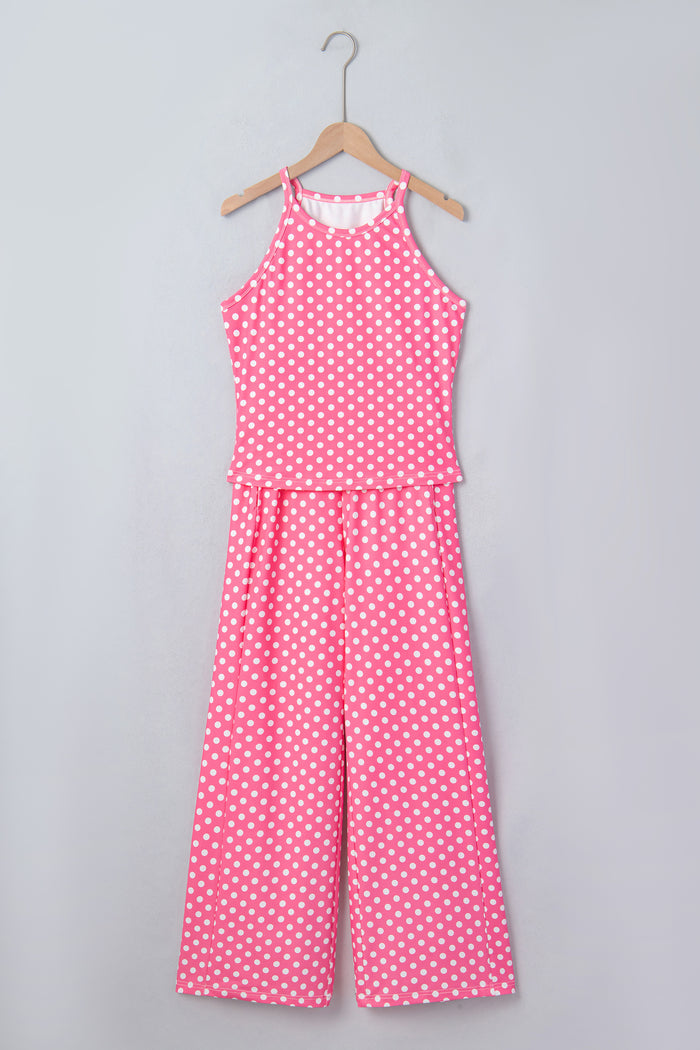 Blue Polka Dot Print Slim Tank Loose Pants 2pcs Outfit